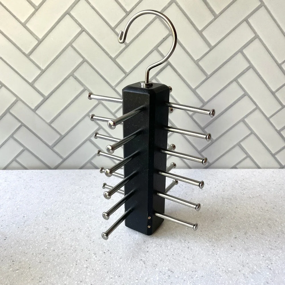 Black Wood Tie Rack Belt Hanger Organizer 24 Peg Metal Rotating Closet Storage